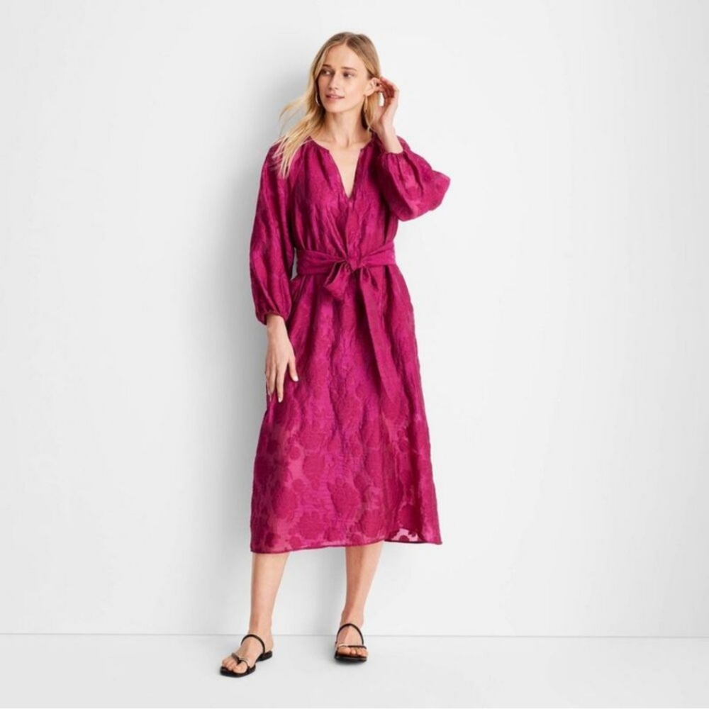 Future Collective Puff Sleeve Floral Maroon Midi Dress - Jenny K. Lopez Sz-XL